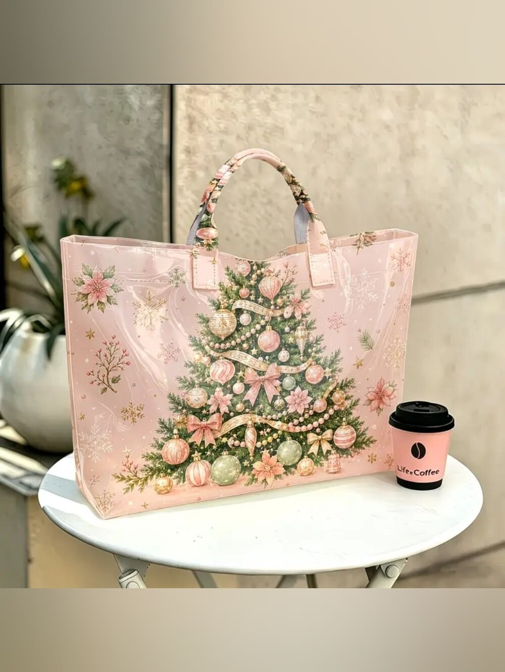 Vintage Pink Christmas Holiday Daily Commute Tote Bag Large